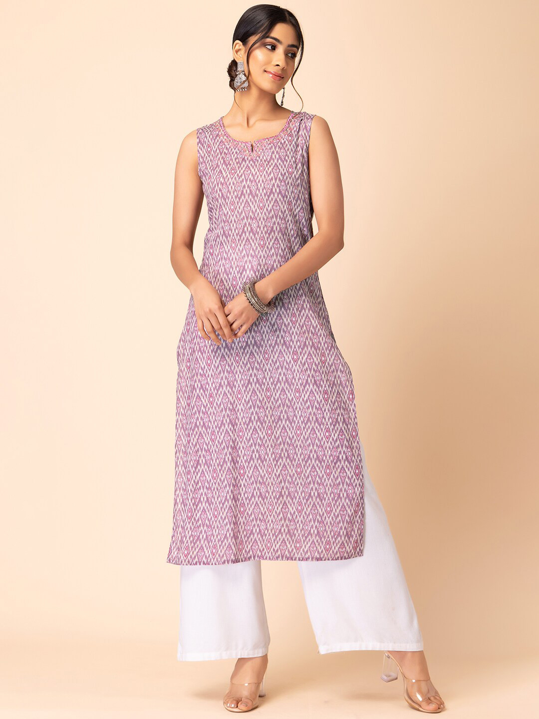 

INDYA Ikat Printed Zari Pure Cotton Straight Kurta, Purple