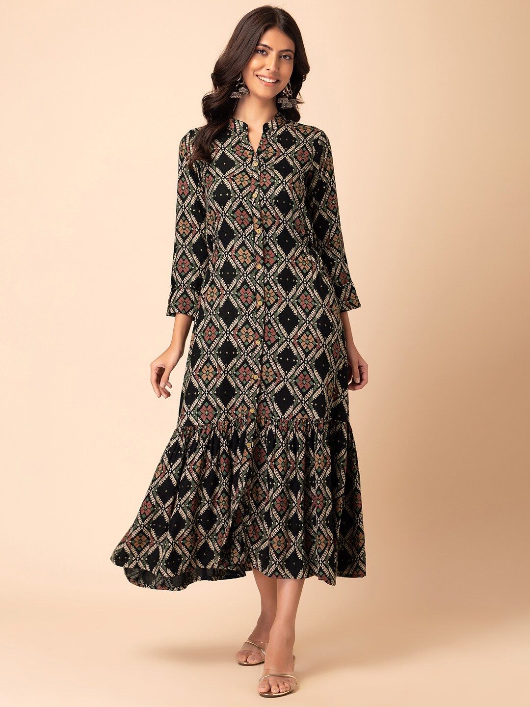 

INDYA Ethnic Motifs Printed Fit & Flare Dress, Black