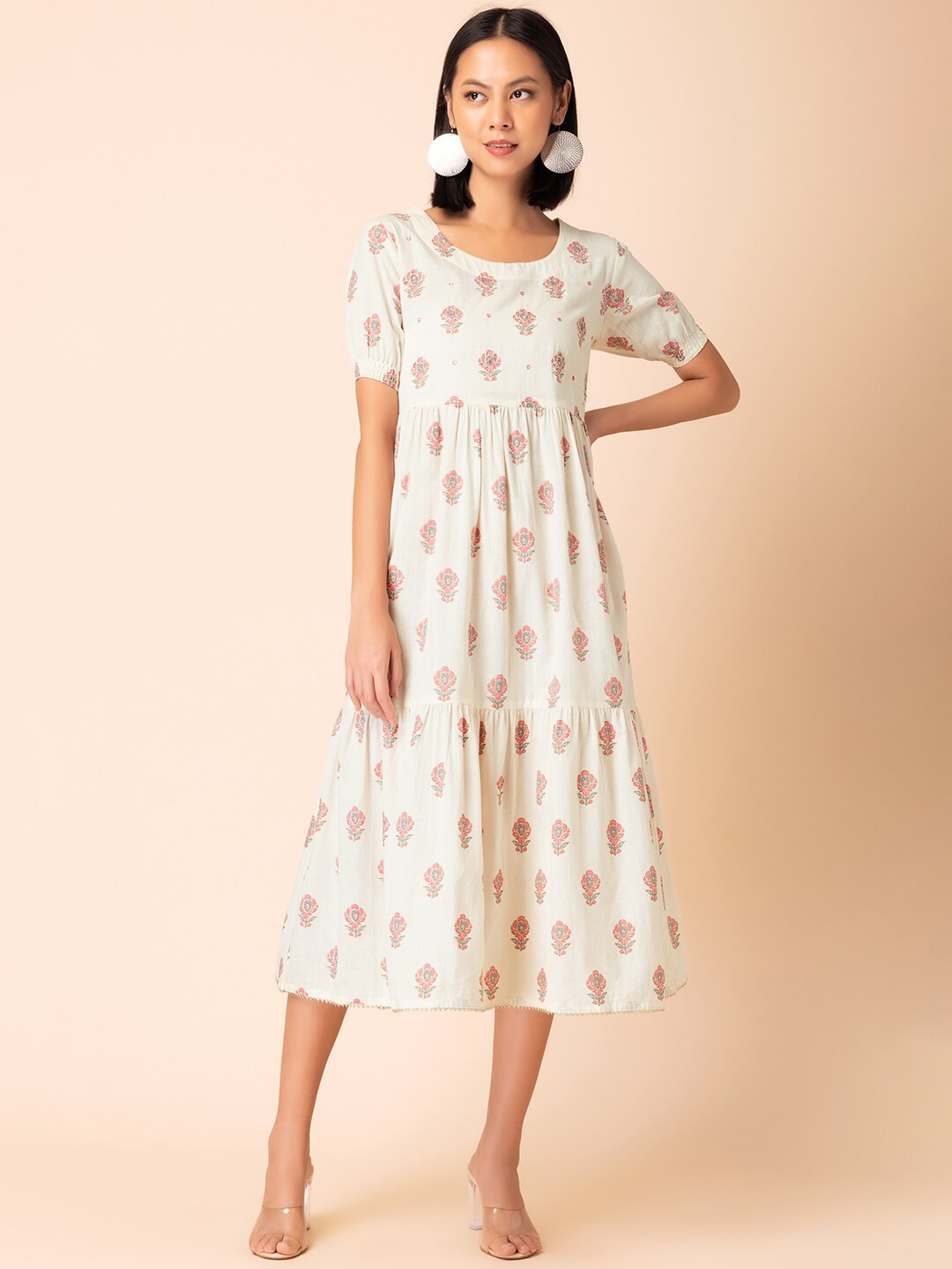 

INDYA Floral Printed Pure Cotton Fit & Flare Dress, White