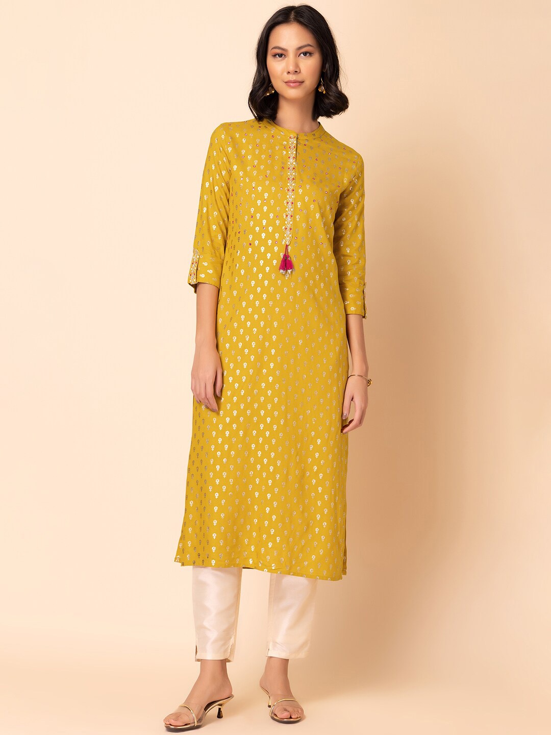 

INDYA Ethnic Motifs Foil Printed Mirror Work Straight Kurta, Yellow