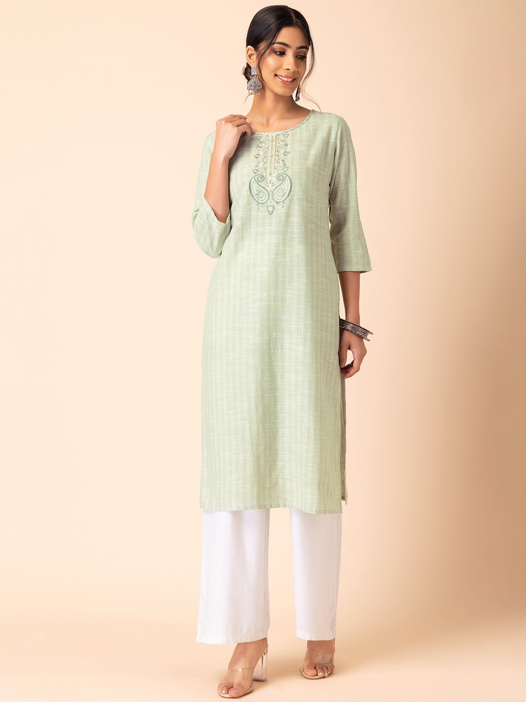 

INDYA Ethnic Motifs Yoke Design Pure Cotton Straight Kurta, Green