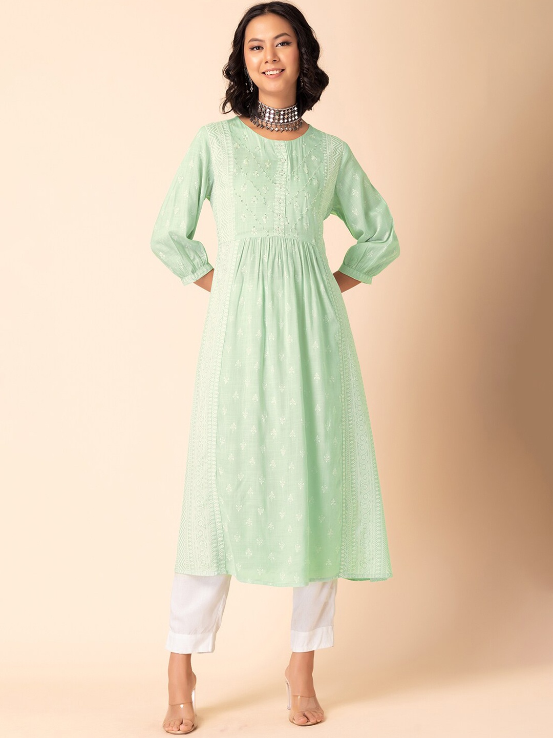 

INDYA Floral Printed A-Line Kurta, Green
