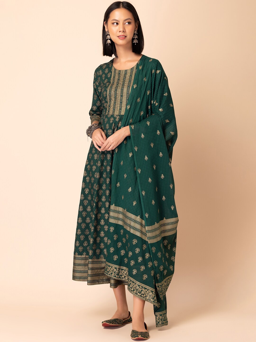 

INDYA Ethnic Motifs Printed Ethnic Dress With Dupatta, Green