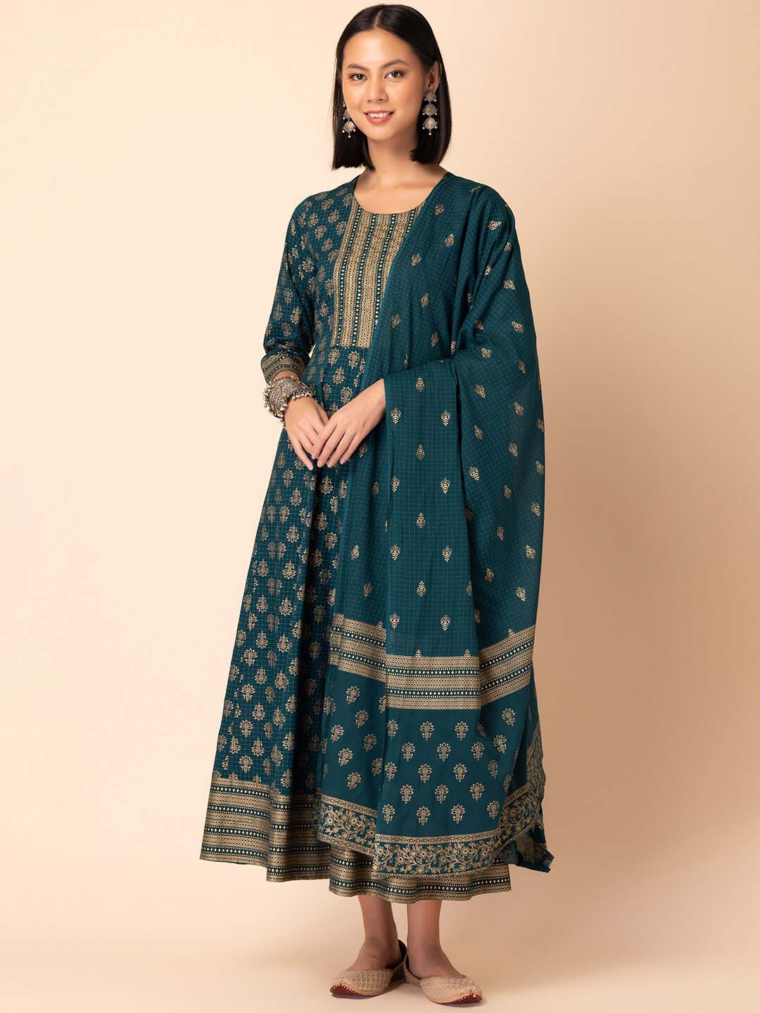 

INDYA Ethnic Motifs Printed Ethnic Dress With Dupatta, Blue