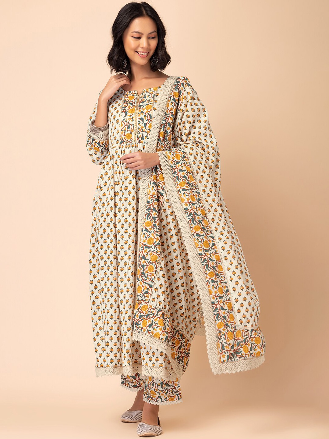 

INDYA Floral Printed Cotton A-Line Kurta With Trouser & Dupatta, Off white