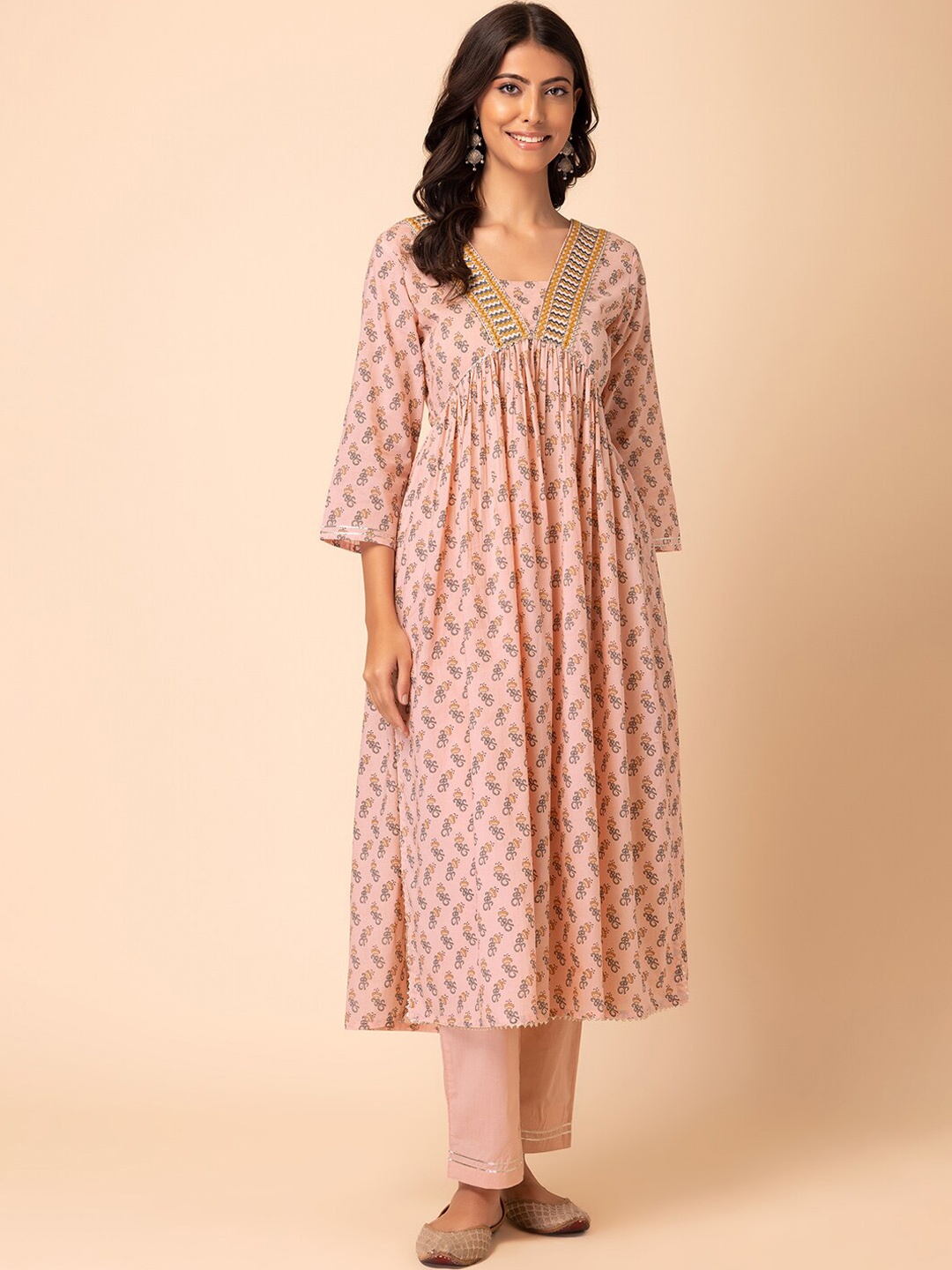 

INDYA Floral Printed Pure Cotton A-Line Kurta With Trouser, Peach
