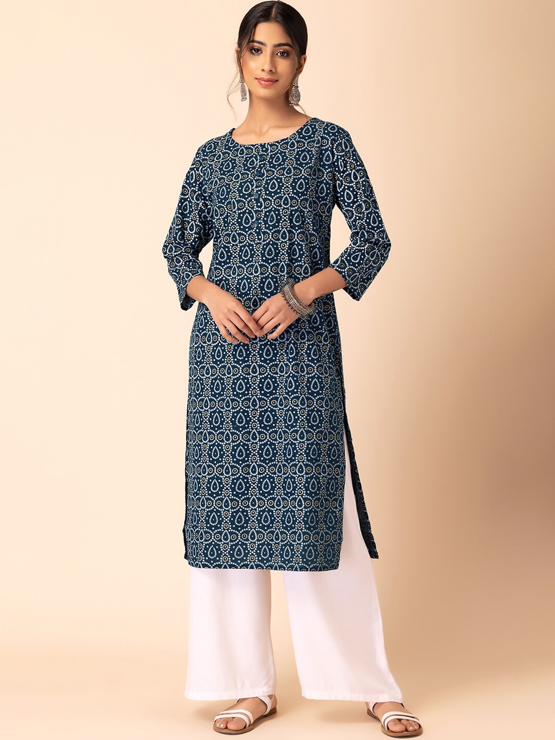 

INDYA Bandhani Printed Pure Cotton Straight Kurta, Blue