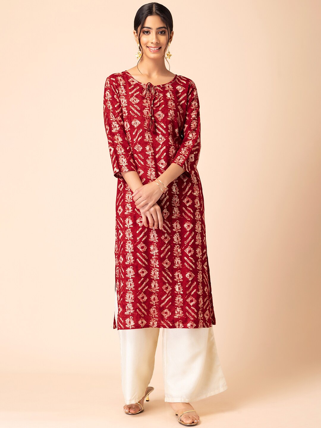 

INDYA Batik-Printed A-Line Kurta, Red