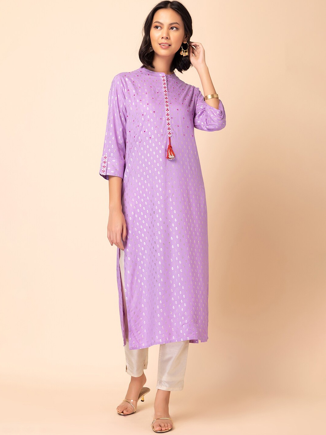 

INDYA Ethnic Motifs Printed Mirror Work Kurta, Purple
