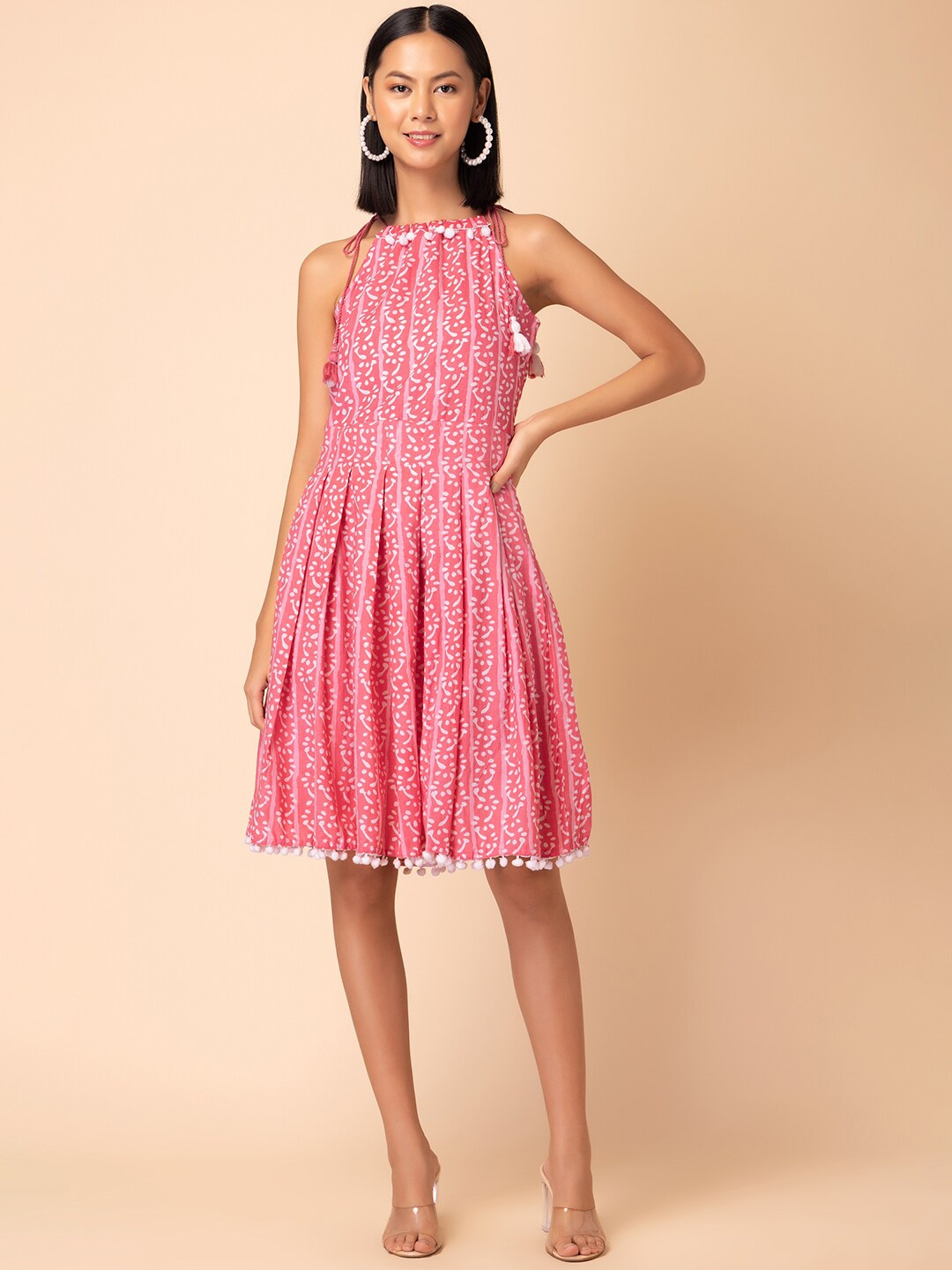 

INDYA Abstract Printed Shoulder Strap Pure Cotton Fit & Flare Dress, Pink