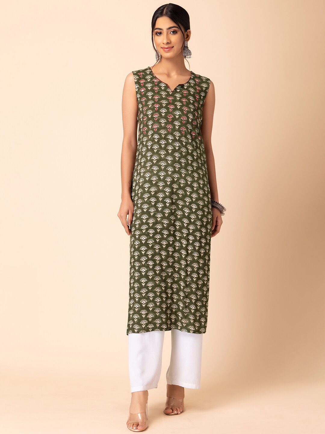 

INDYA Floral Boota Printed Straight Kurta, Green