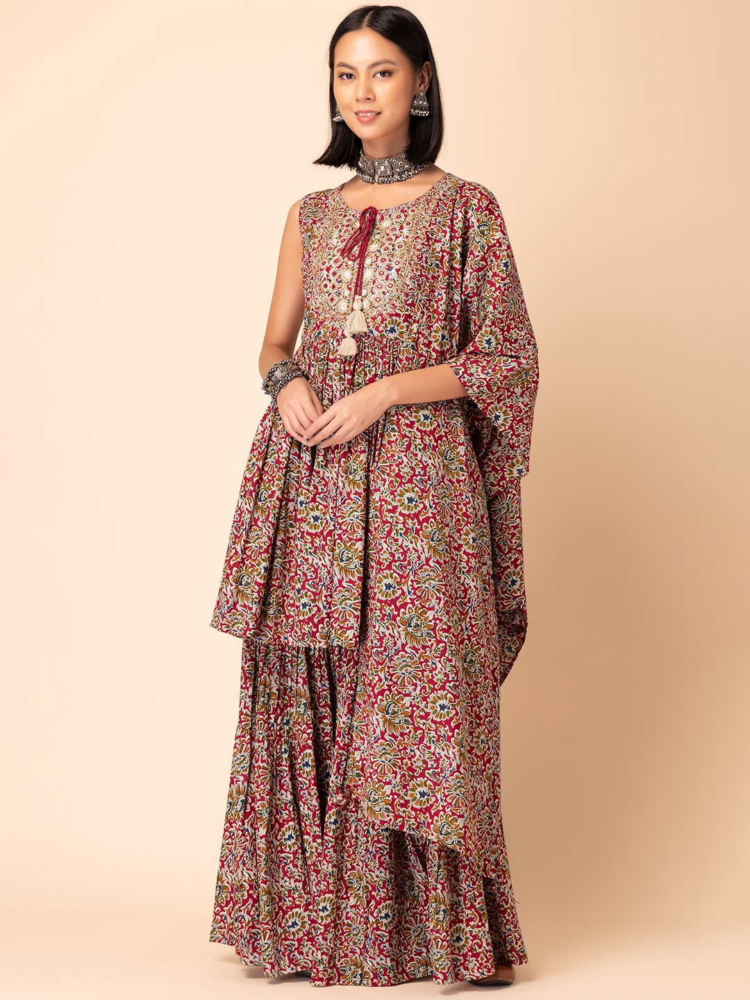 

INDYA Floral Printed & Embroidered Cotton A-Line Kurta With Sharara & Dupatta, Red