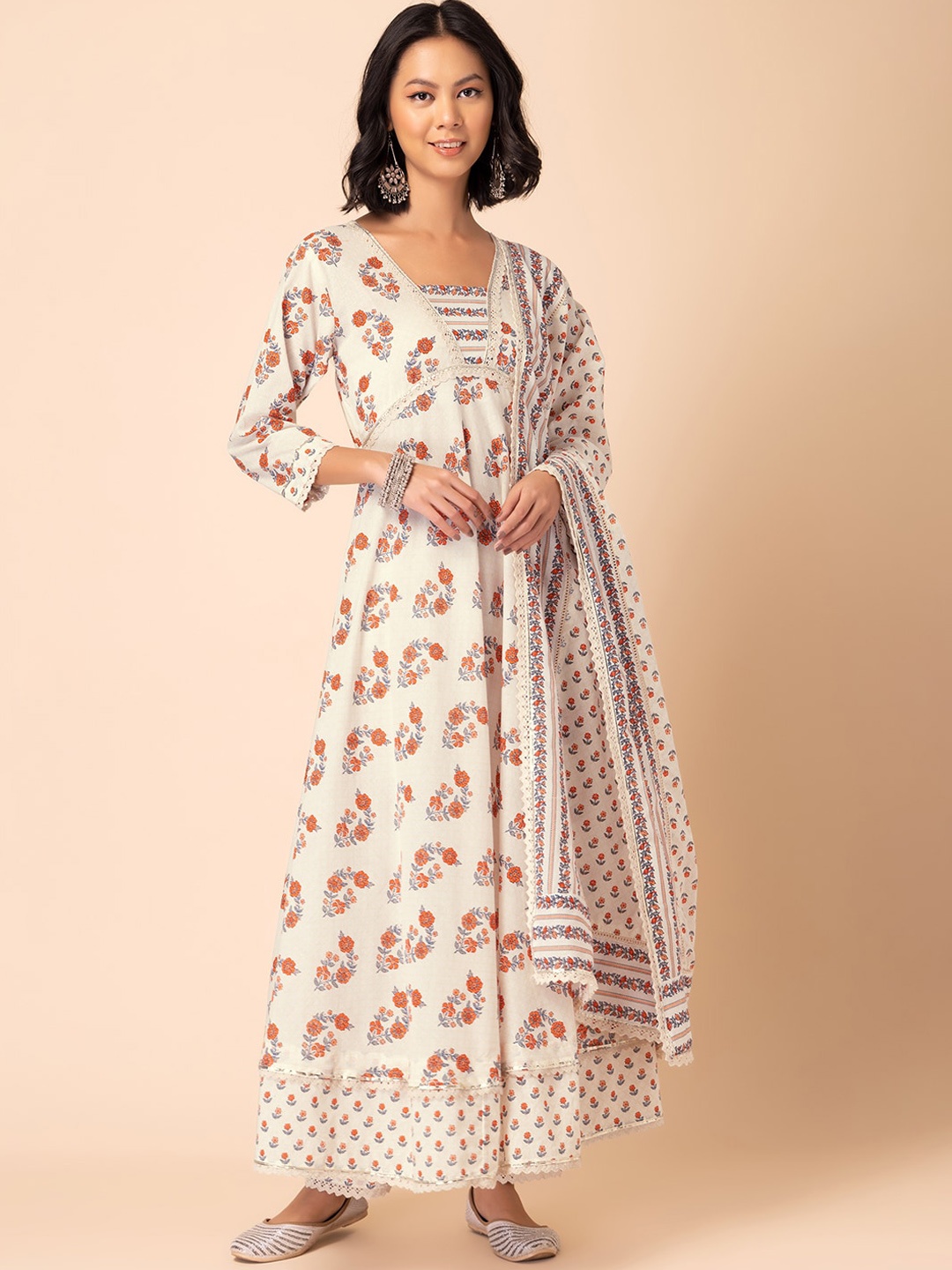 

INDYA Floral Printed Cotton Anarkali Kurta With Trouser & Dupatta, White