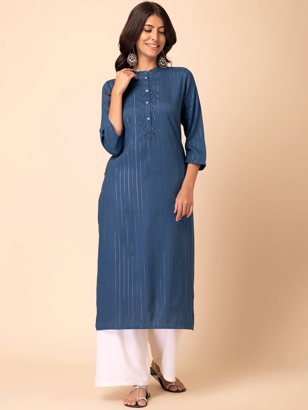 

INDYA Mandarin Collar Striped Thread Work Straight Pure Cotton Kurta, Blue