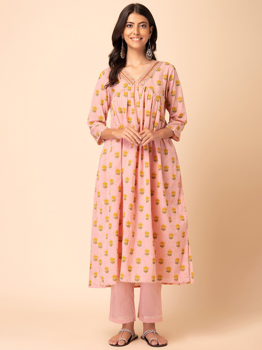 

INDYA Floral Printed Pure Cotton Kurta With Trouser, Peach