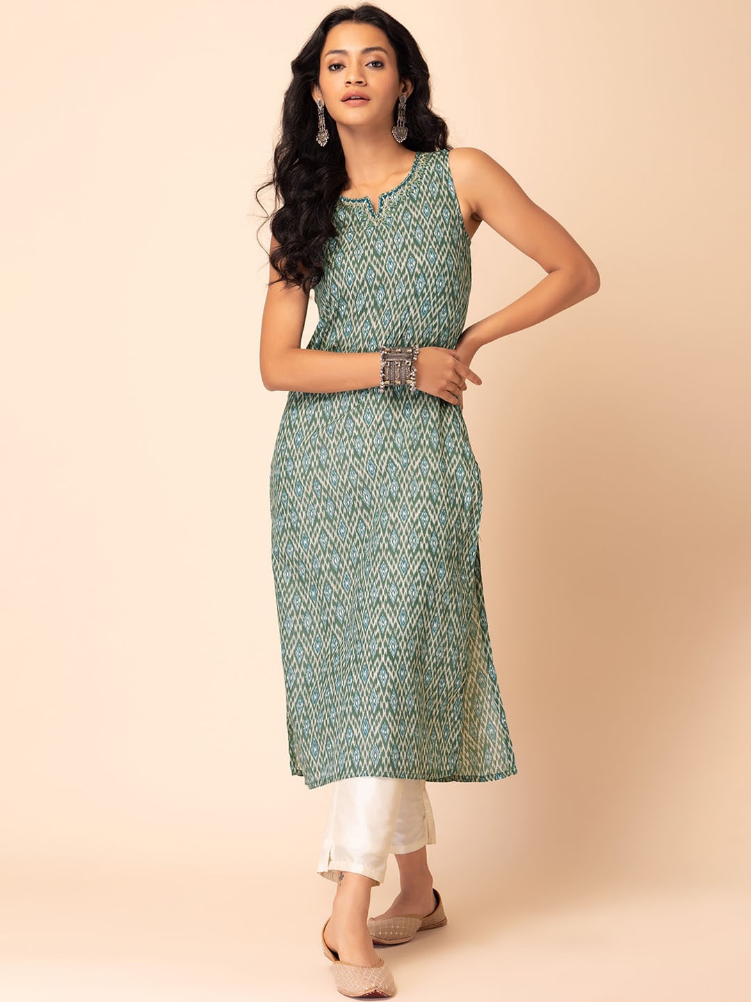 

INDYA Ikat Printed Cotton Kurta, Green