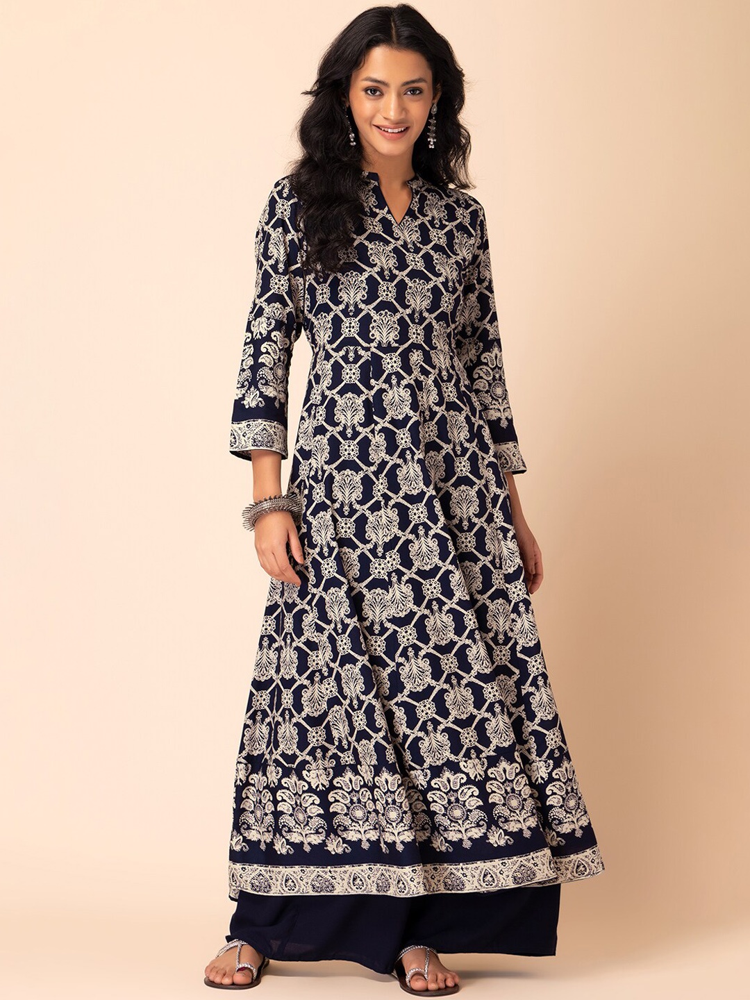 

INDYA Mandarin Collar Ethnic Motifs Printed Mirror Work Anarkali Kurta, Navy blue