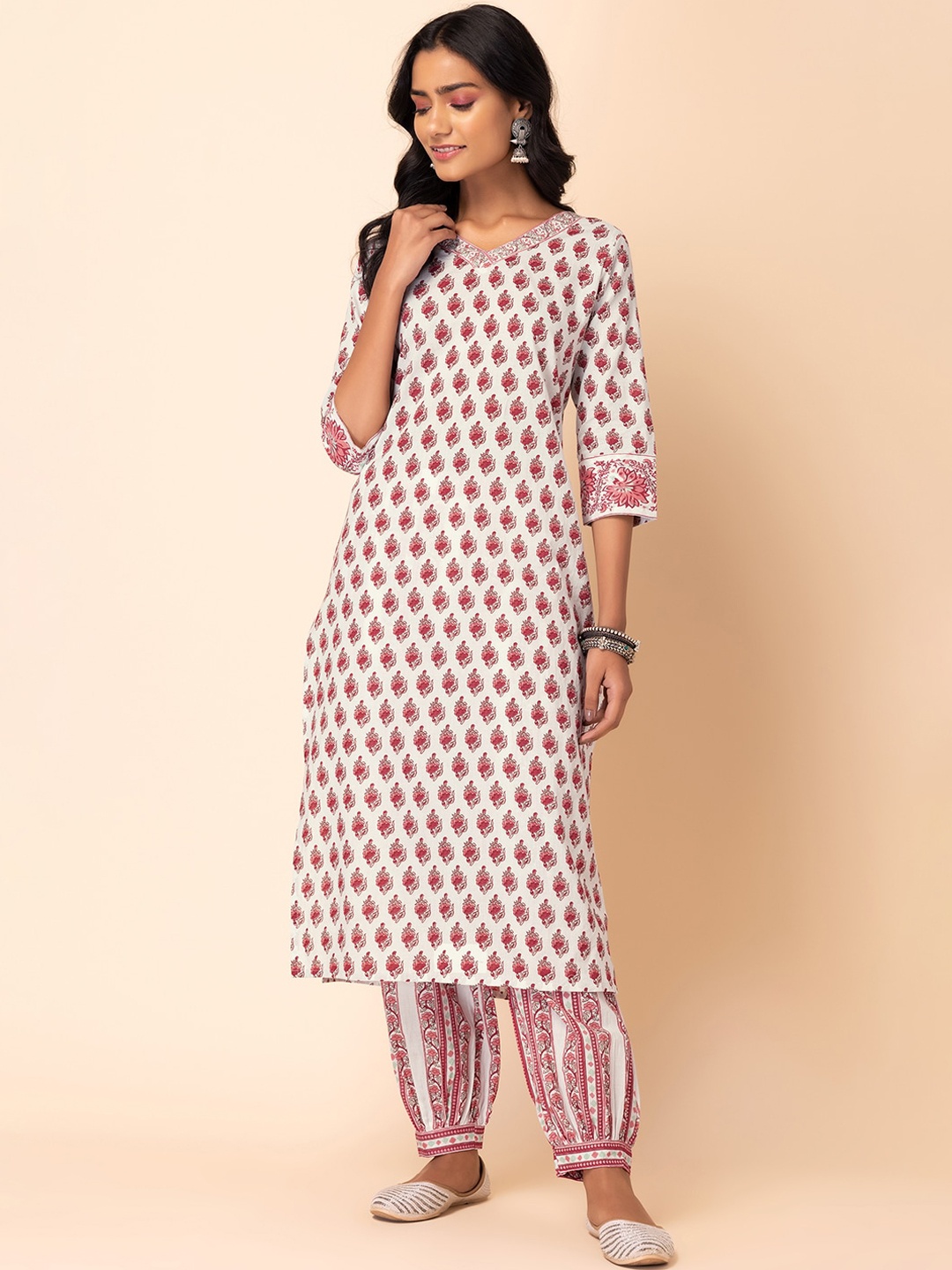 

INDYA Boota-Printed Straight Pure Cotton Kurta With Trouser, White