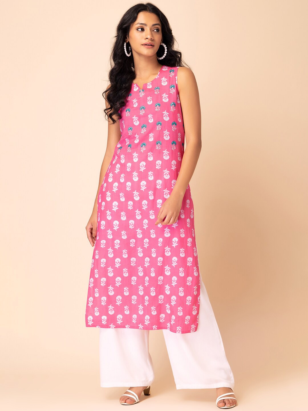 

INDYA Floral Printed Pure Cotton Straight Kurta, Pink