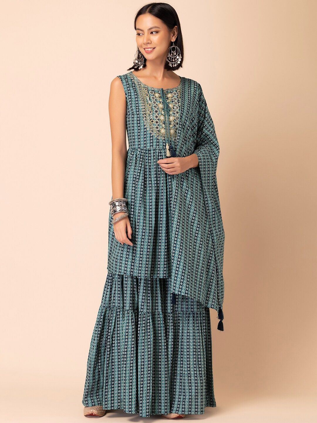 

INDYA Geometric Printed Pure Cotton A-Line Kurta With Sharara & dupatta, Blue