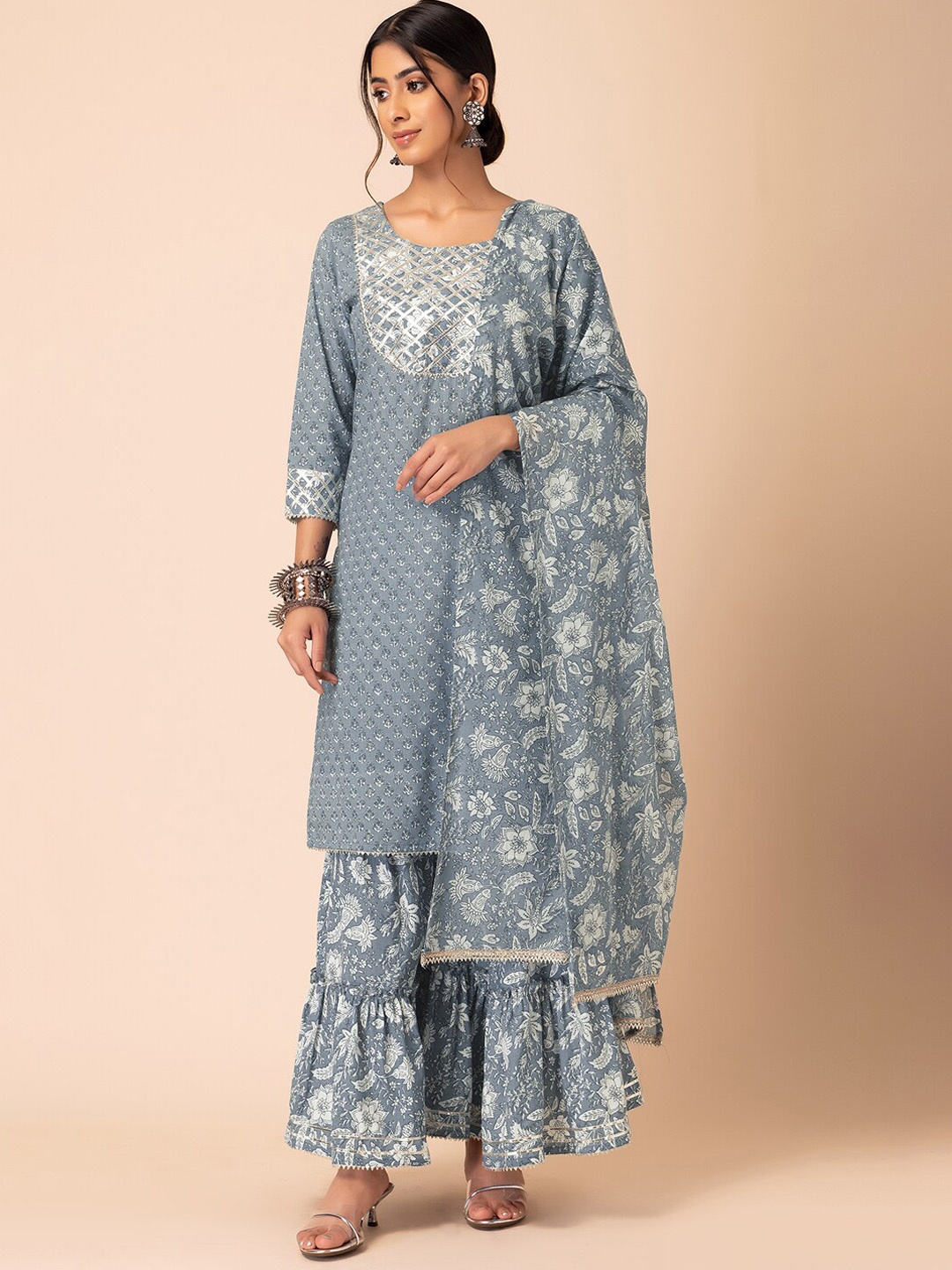 

INDYA Floral Printed Pure Cotton Kurta With Sharara & Dupatta, Grey
