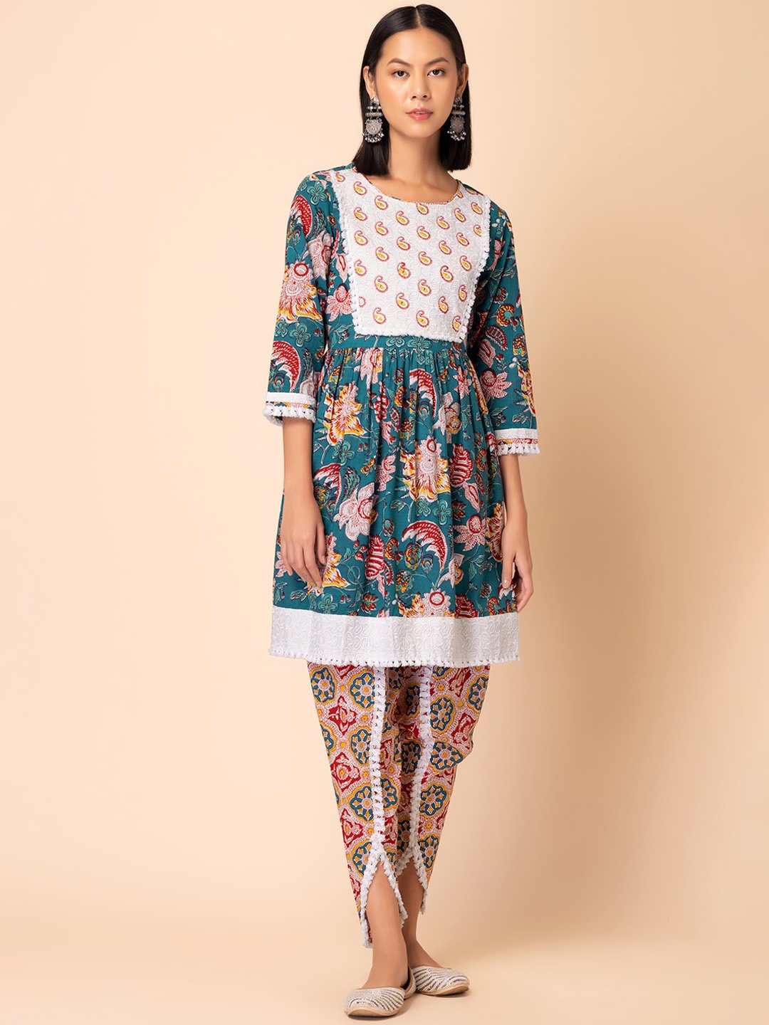 

INDYA Floral Printed Pure Cotton Kurta With Tulip Pant, Blue