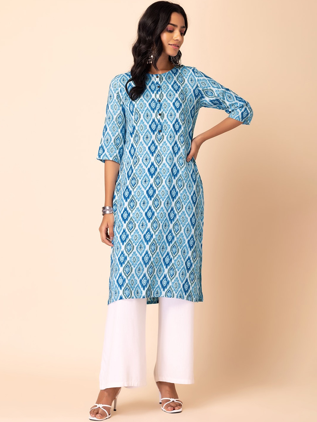 

INDYA Ikat Printed Straight Kurta, White