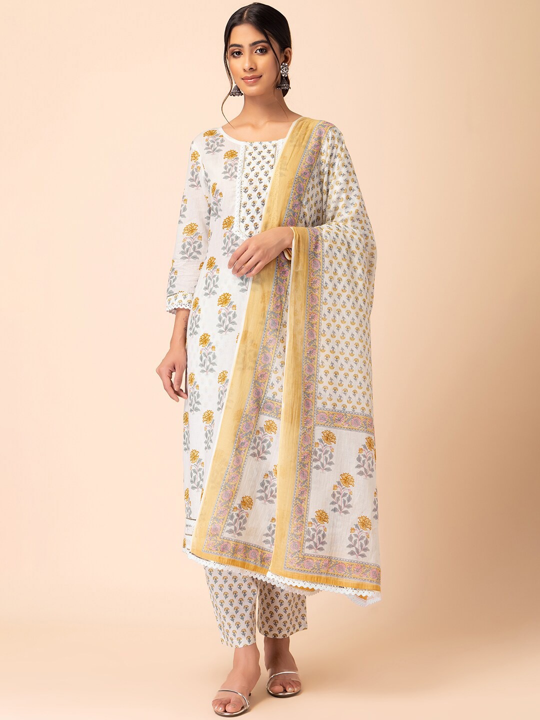 

INDYA Floral Printed Pure Cotton Kurta With Trouser & Dupatta, White