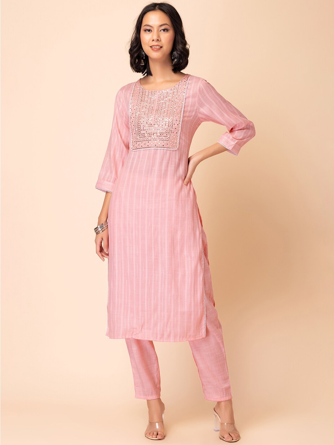 

INDYA Embroidered & Striped Straight Kurta With Trouser, Pink