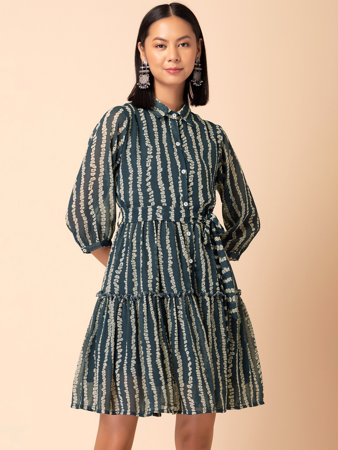 

INDYA Batik Printed Tiered Gathers Detailed Shirt Dress With Belt, Blue