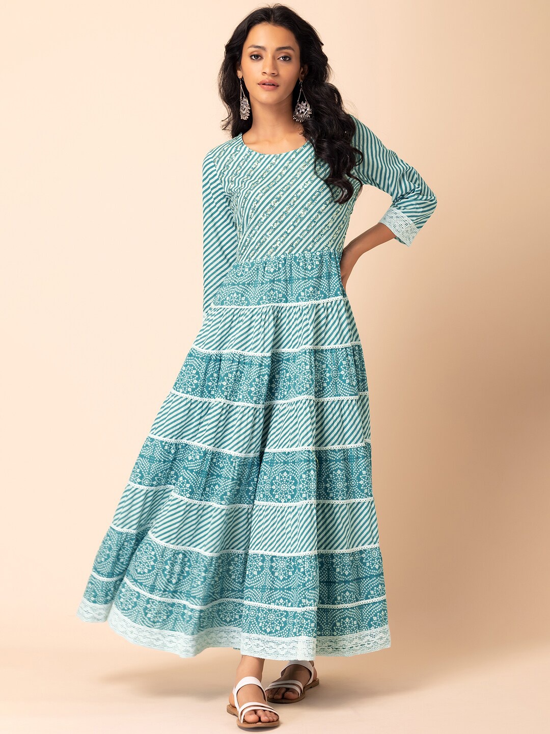 

INDYA Embellished Tiered Pure-Cotton Ethnic Maxi Dress, Blue