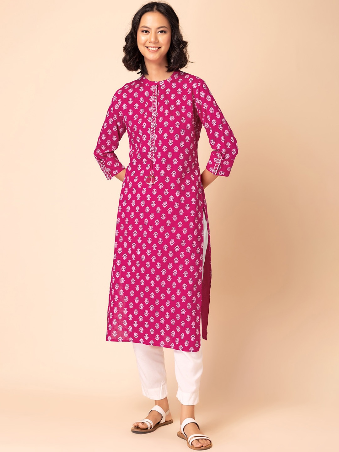 

INDYA Band Collar Floral Printed Mirror Work Straight Kurta, Pink