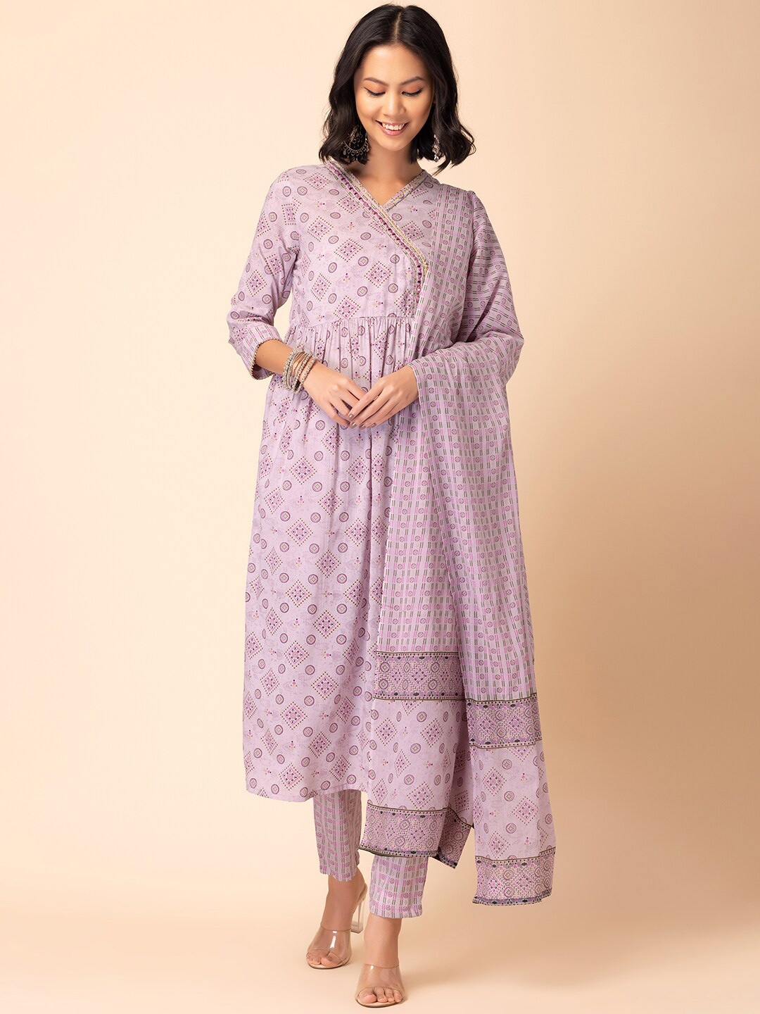 

INDYA Floral Printed Pure Cotton Angrakha Kurta With Trouser & Dupatta, Purple
