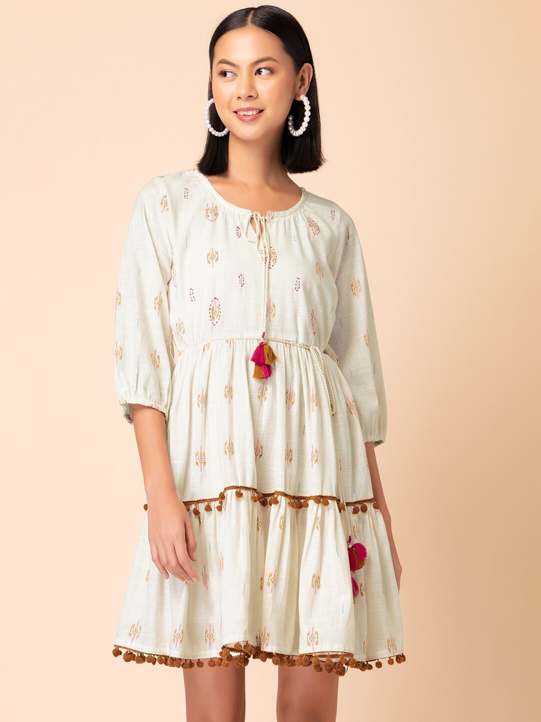 

INDYA Ikat Printed Puff Sleeves Pure Cotton Casual Fit & Flare Dress, Off white