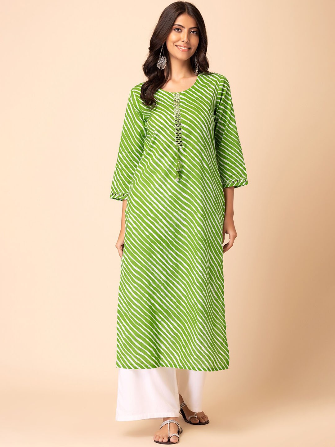 

INDYA Leheriya Printed Mirror Work Pure Cotton Kurta, Green