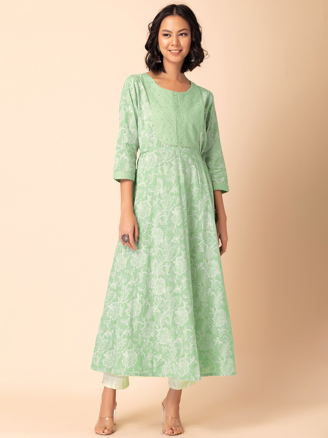 

INDYA Floral Printed Sequinned Yoke Design Pure Cotton Anarkali Kurta, Green