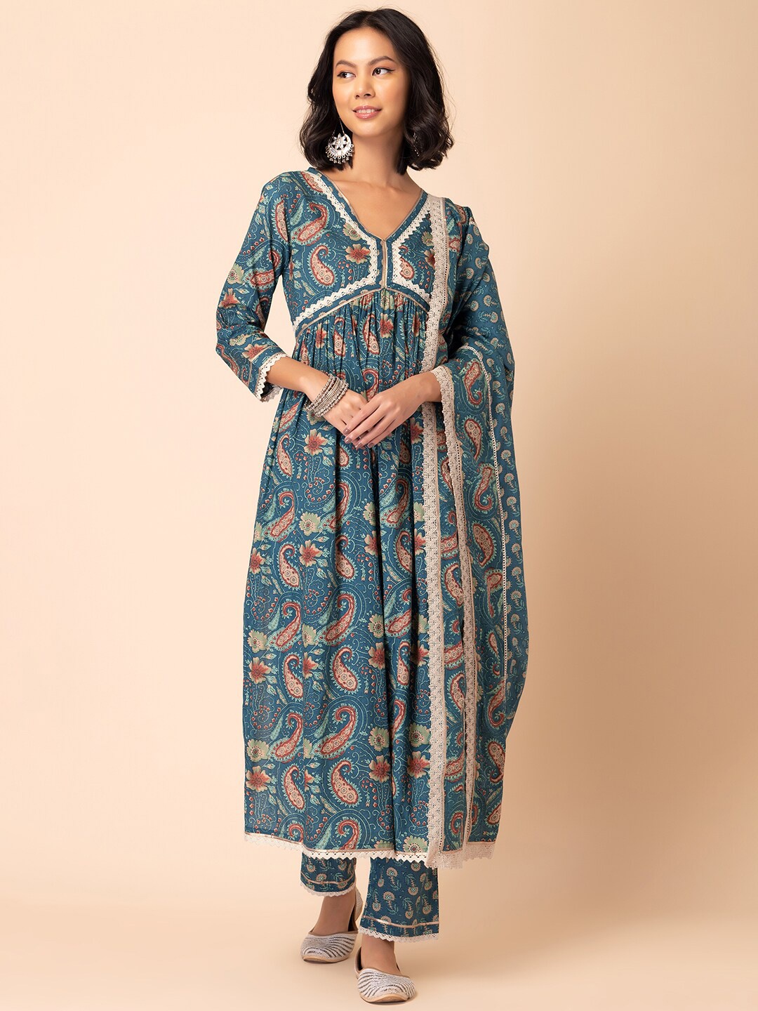 

INDYA Ethnic Printed Pure Cotton Anarkali Kurta With Trouser & Dupatta, Blue