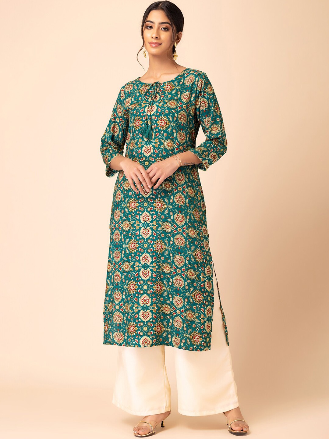 

INDYA Tie-Up Neck Ethnic Motifs Printed Straight Kurta, Green