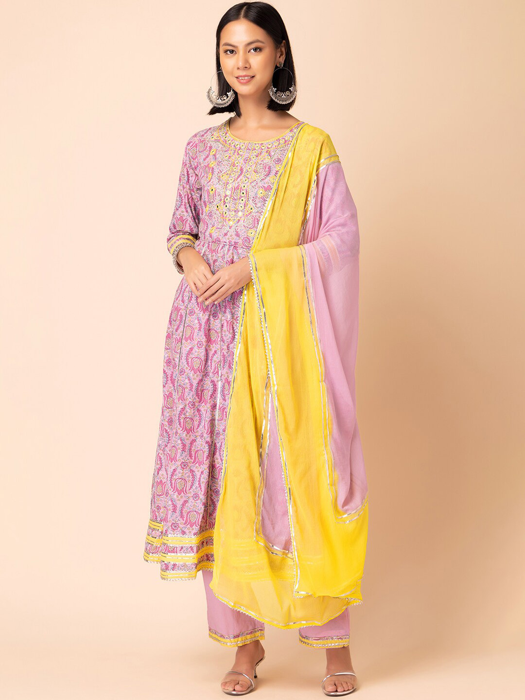 

INDYA Floral Embroidered Pure Cotton Anarkali Kurta With Trouser & Dupatta, Pink