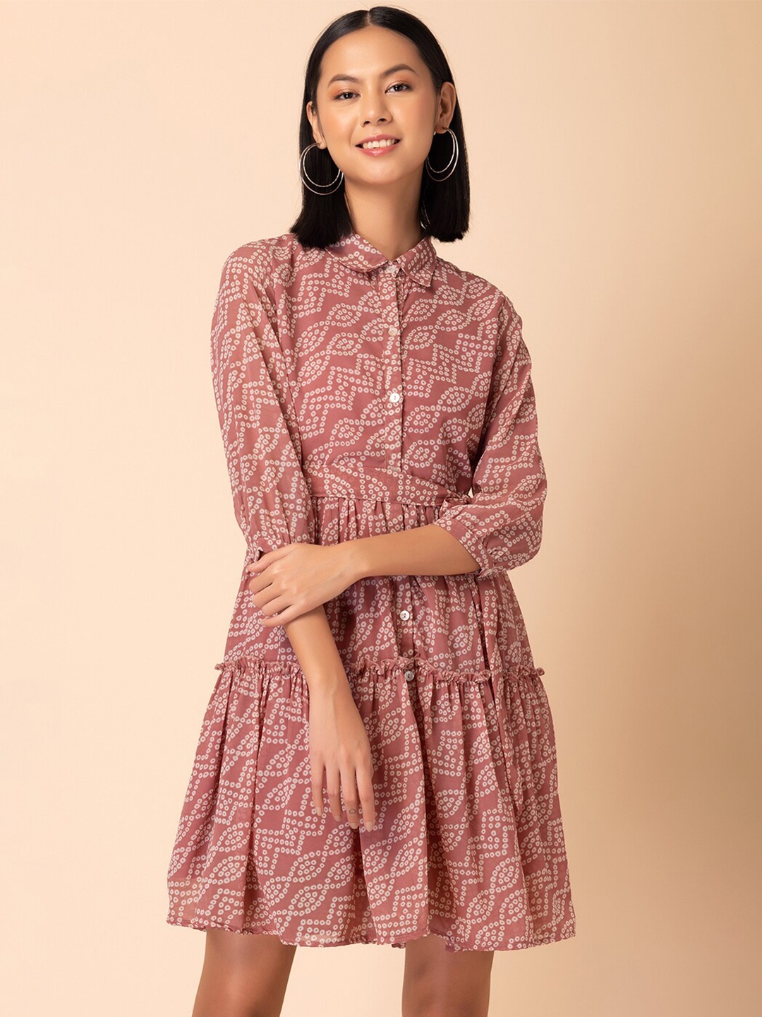 

INDYA Bandhani Printed & Tie Up Detailed Fit & Flare Dress, Brown