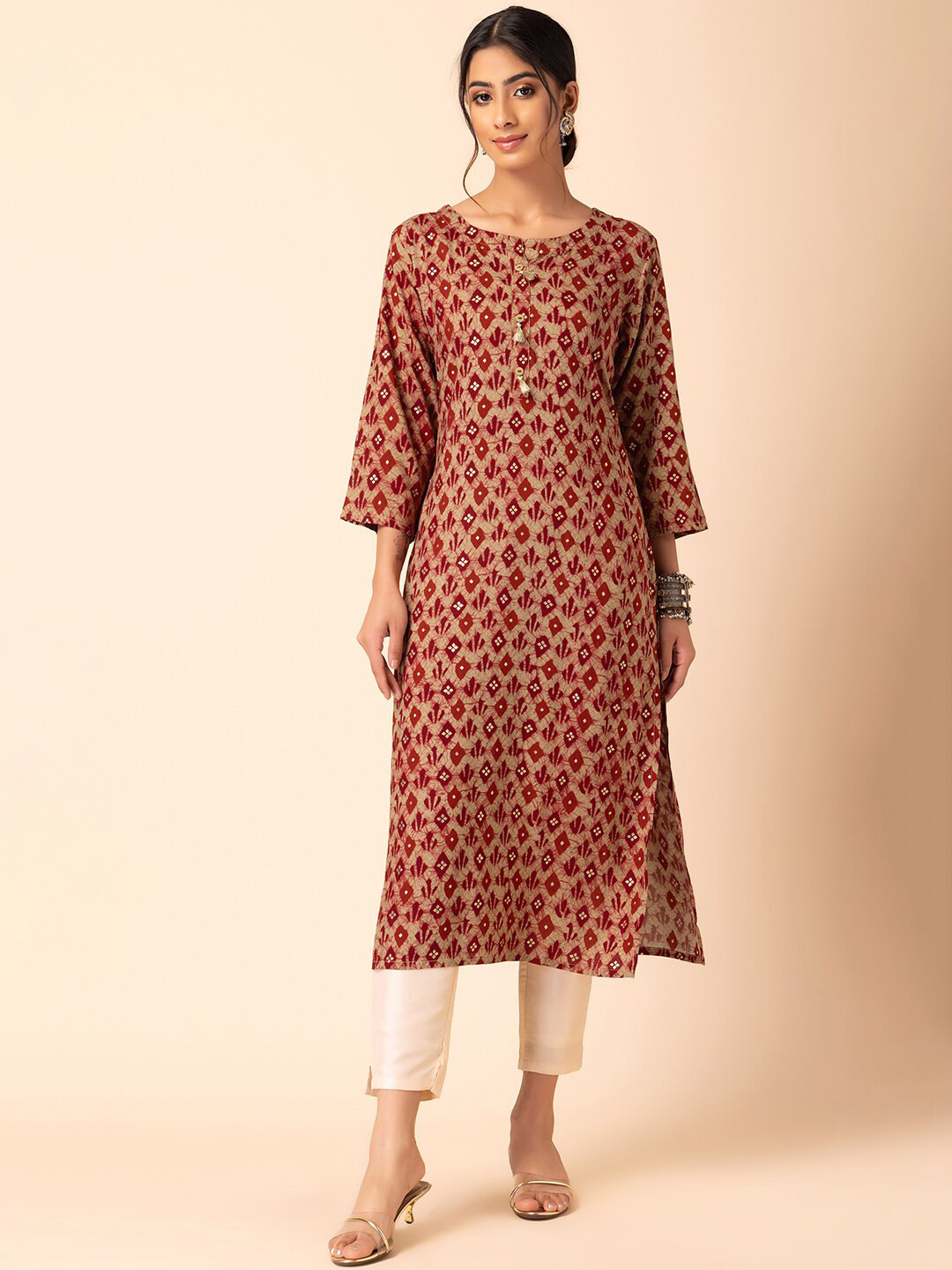 

INDYA Ethnic Motifs Batik-Printed Straight Kurta, Brown