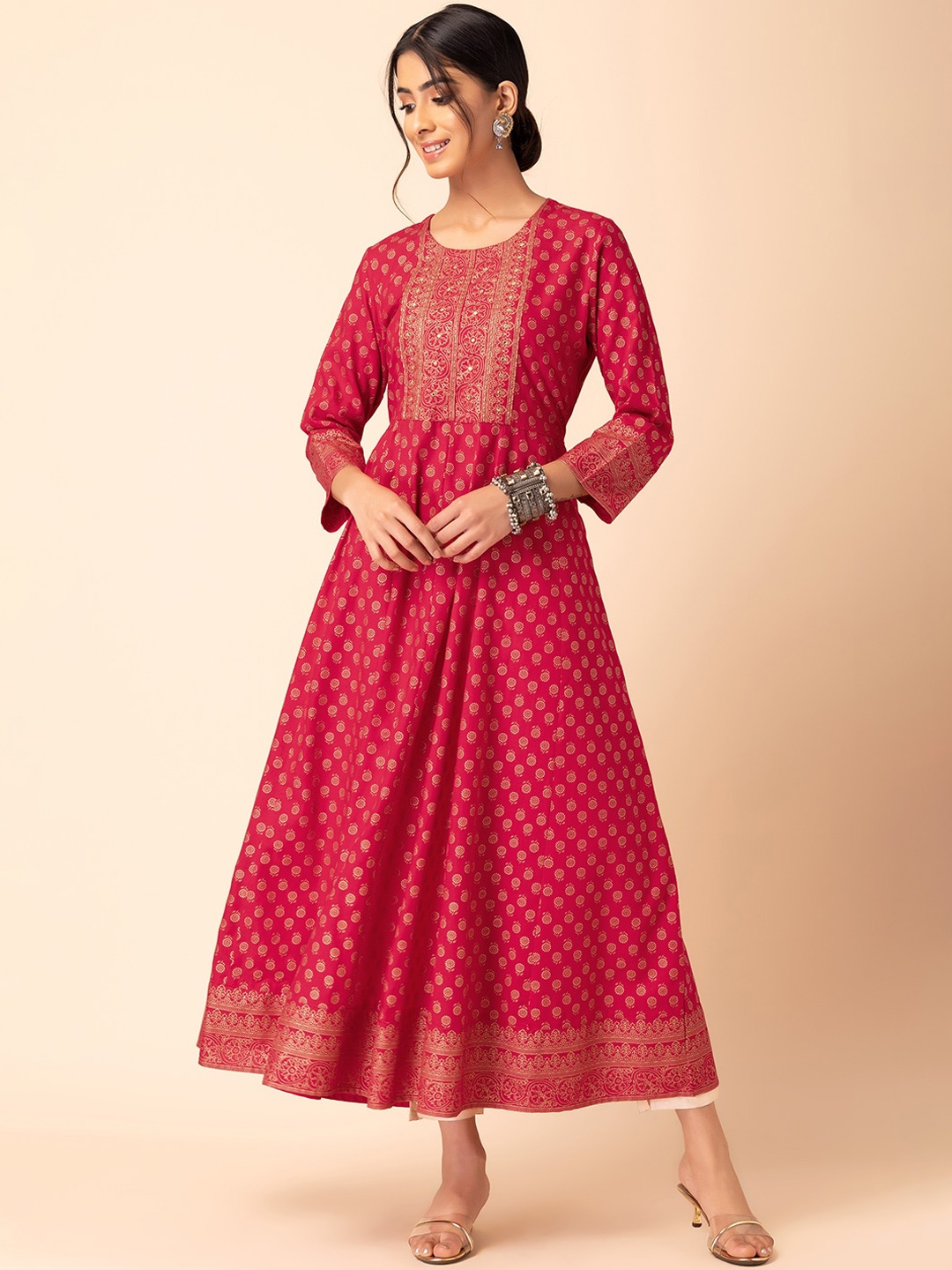 

INDYA Foil-Ethnic Printed Anarkali Kurta, Red