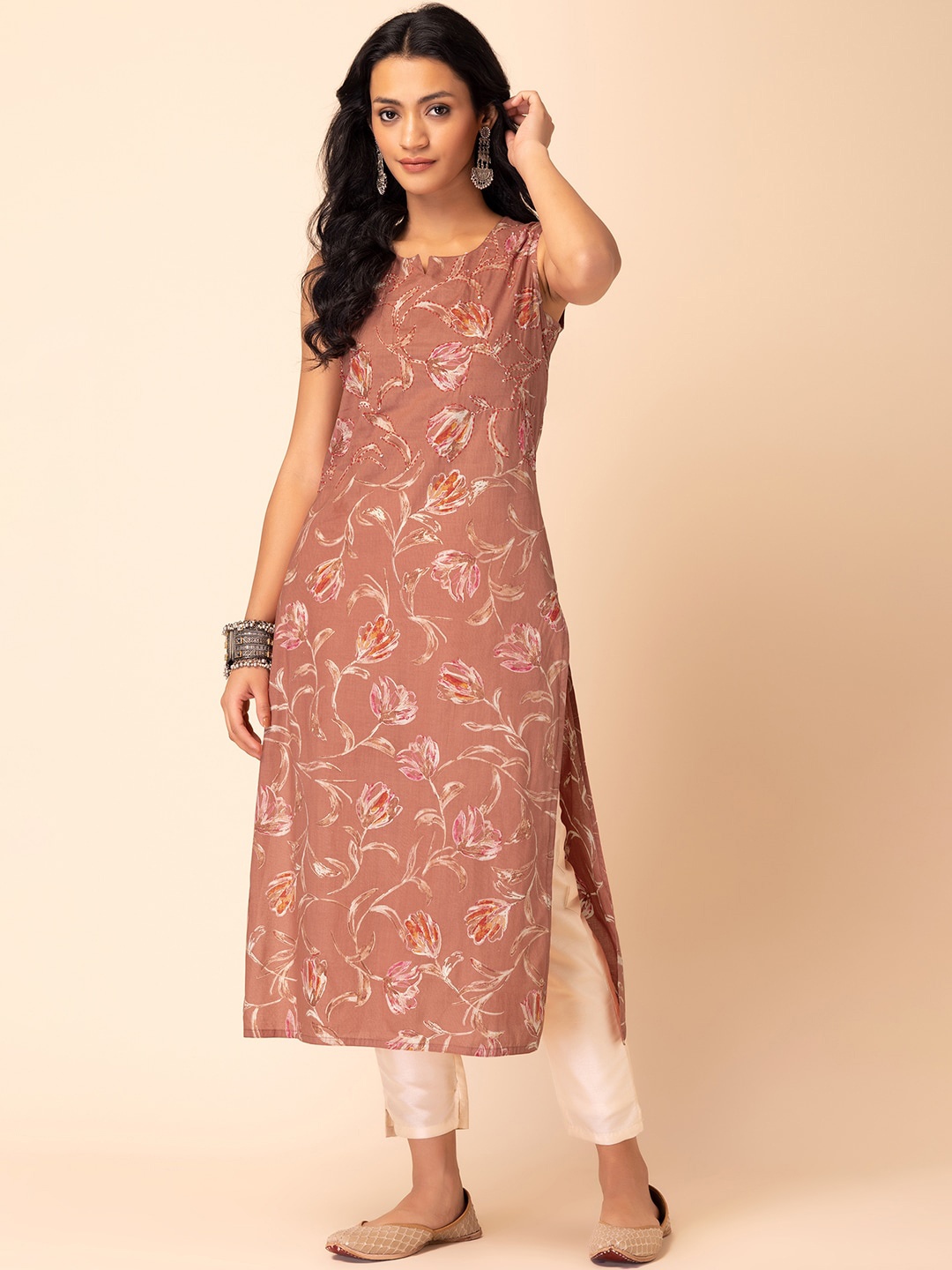 

INDYA Floral Printed & Embroidered Pure Cotton Straight Kurta, Brown
