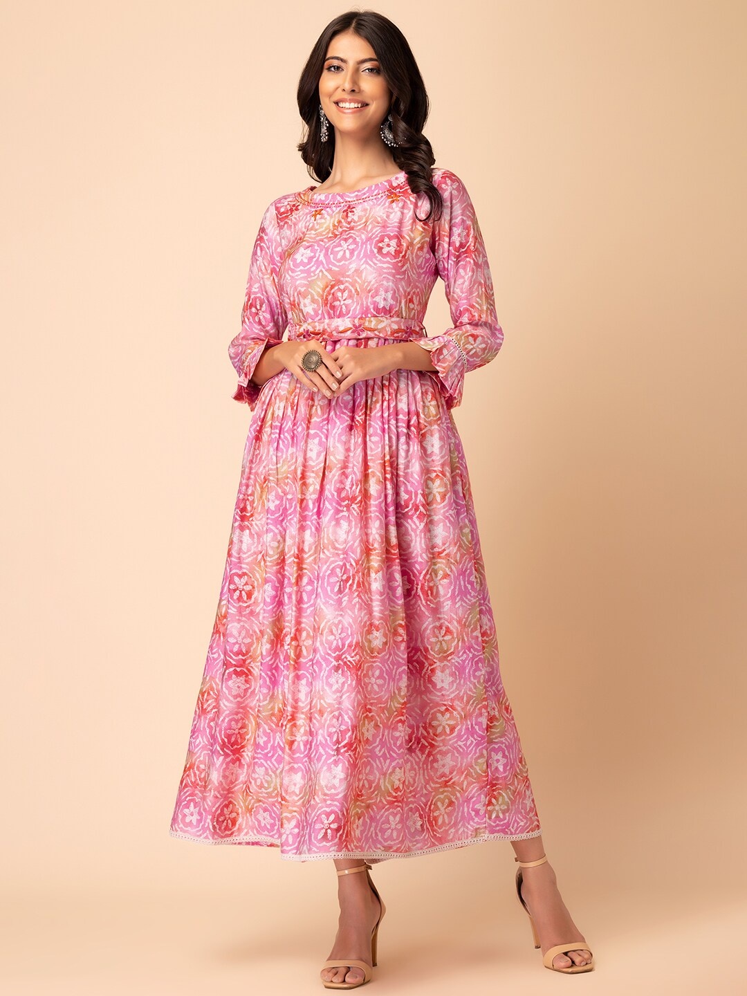 

INDYA Batik Fit & Flare Ethnic Dress, Pink