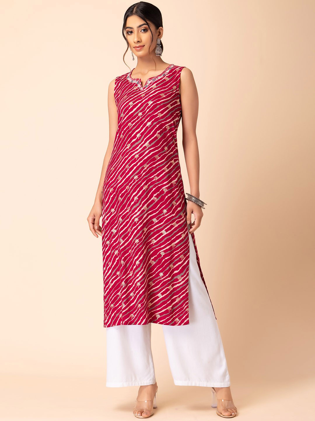 

INDYA Leheriya Printed Mirror Work Straight Kurta, Pink