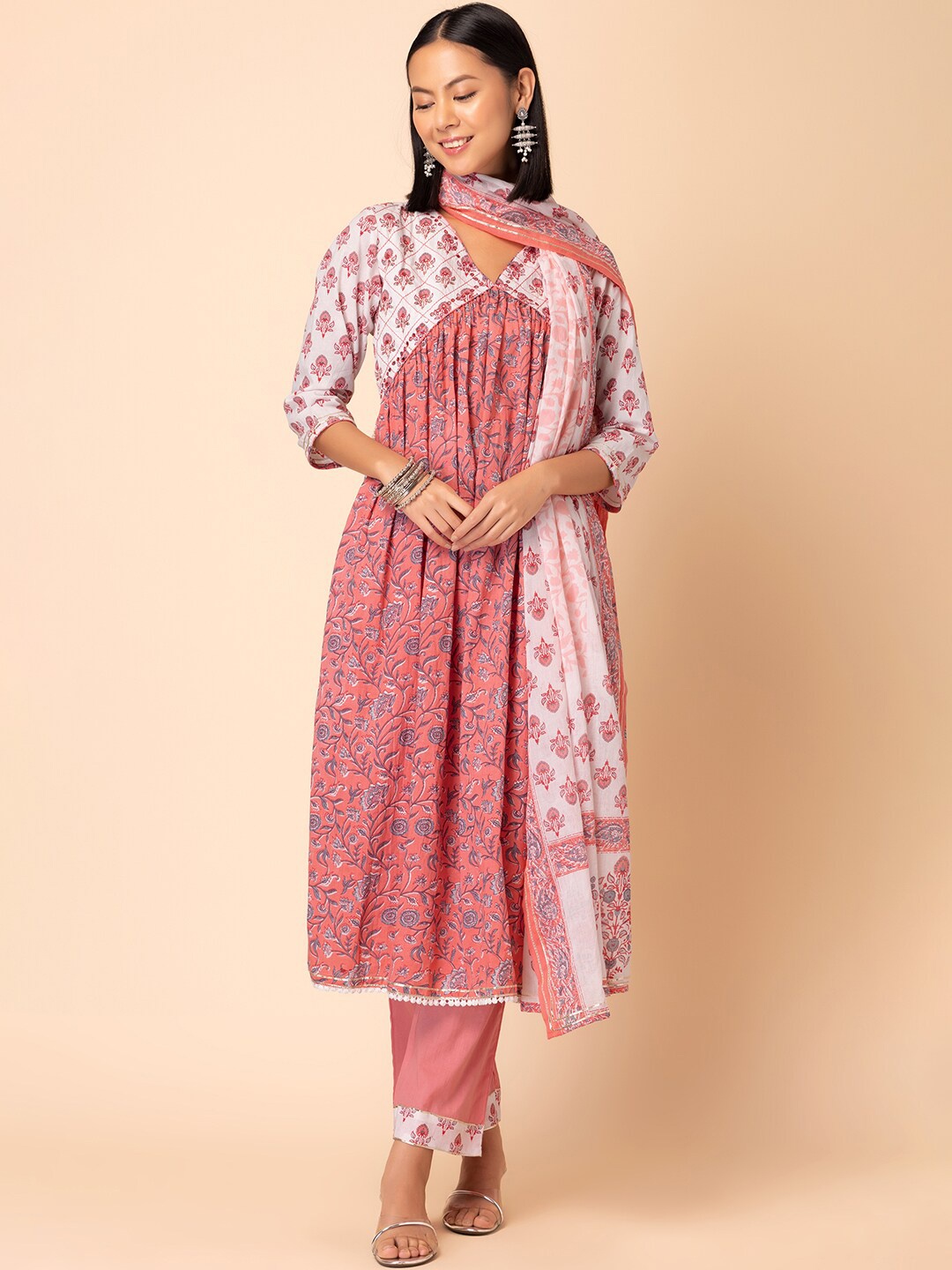 INDYA Floral Printed Pure Cotton Anarkali Kurta With Trouser & Dupatta, Pink
