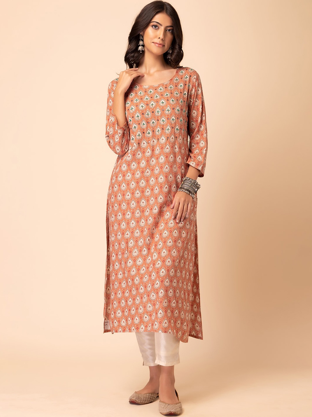 

INDYA Embroidered Pure Cotton Straight Kurta, Peach