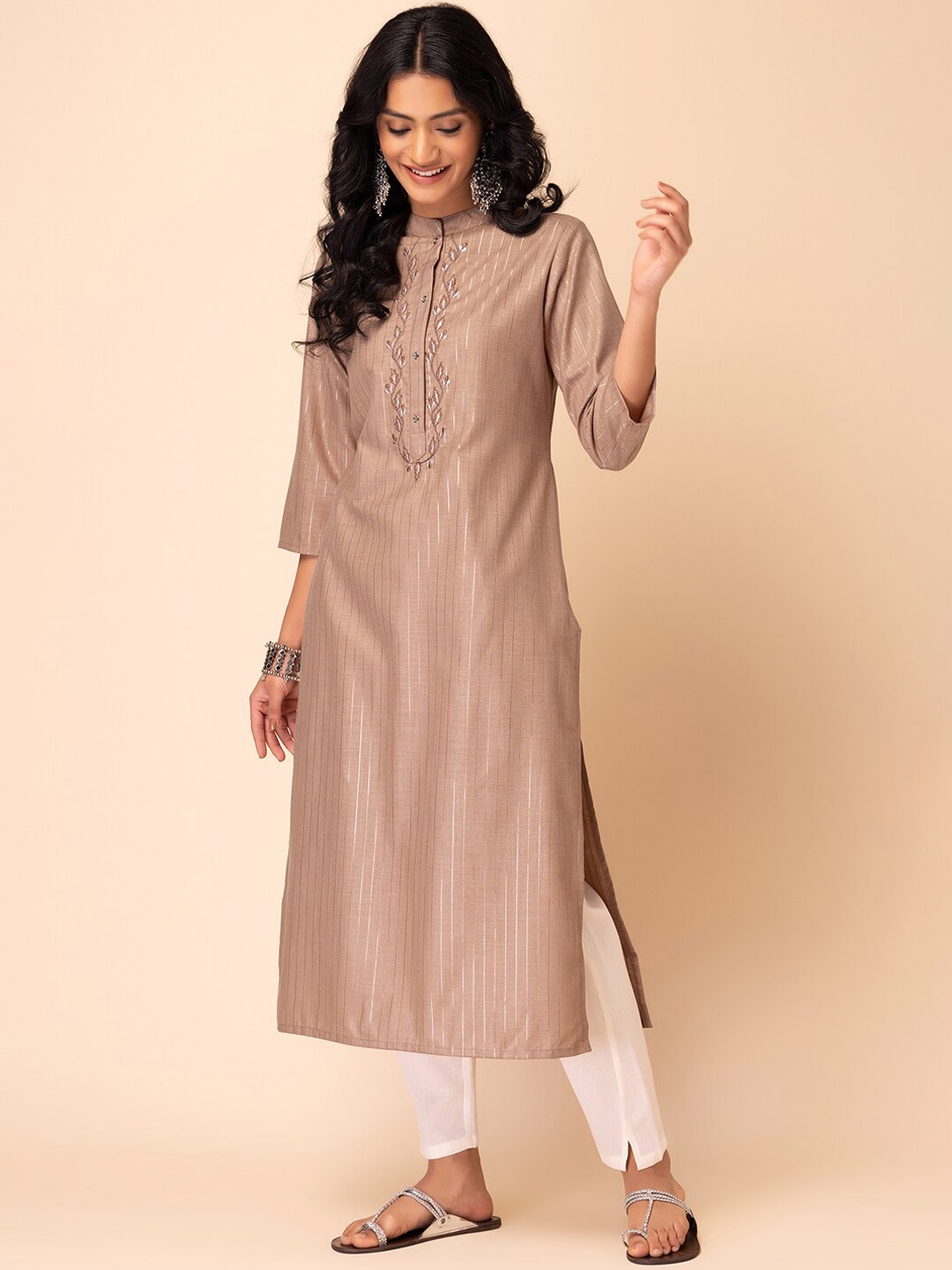 

INDYA Striped Thread Work Pure Cotton Kurta, Brown