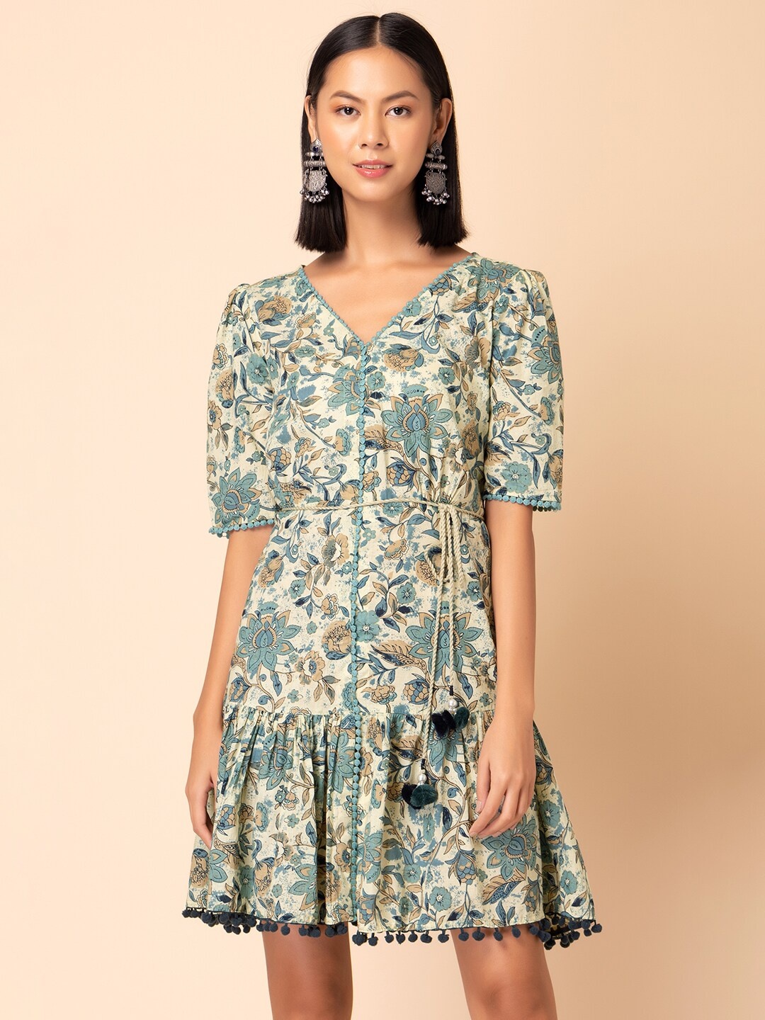 

INDYA Floral Printed V-Neck Pure Cotton Drop-Waist Dress, Off white