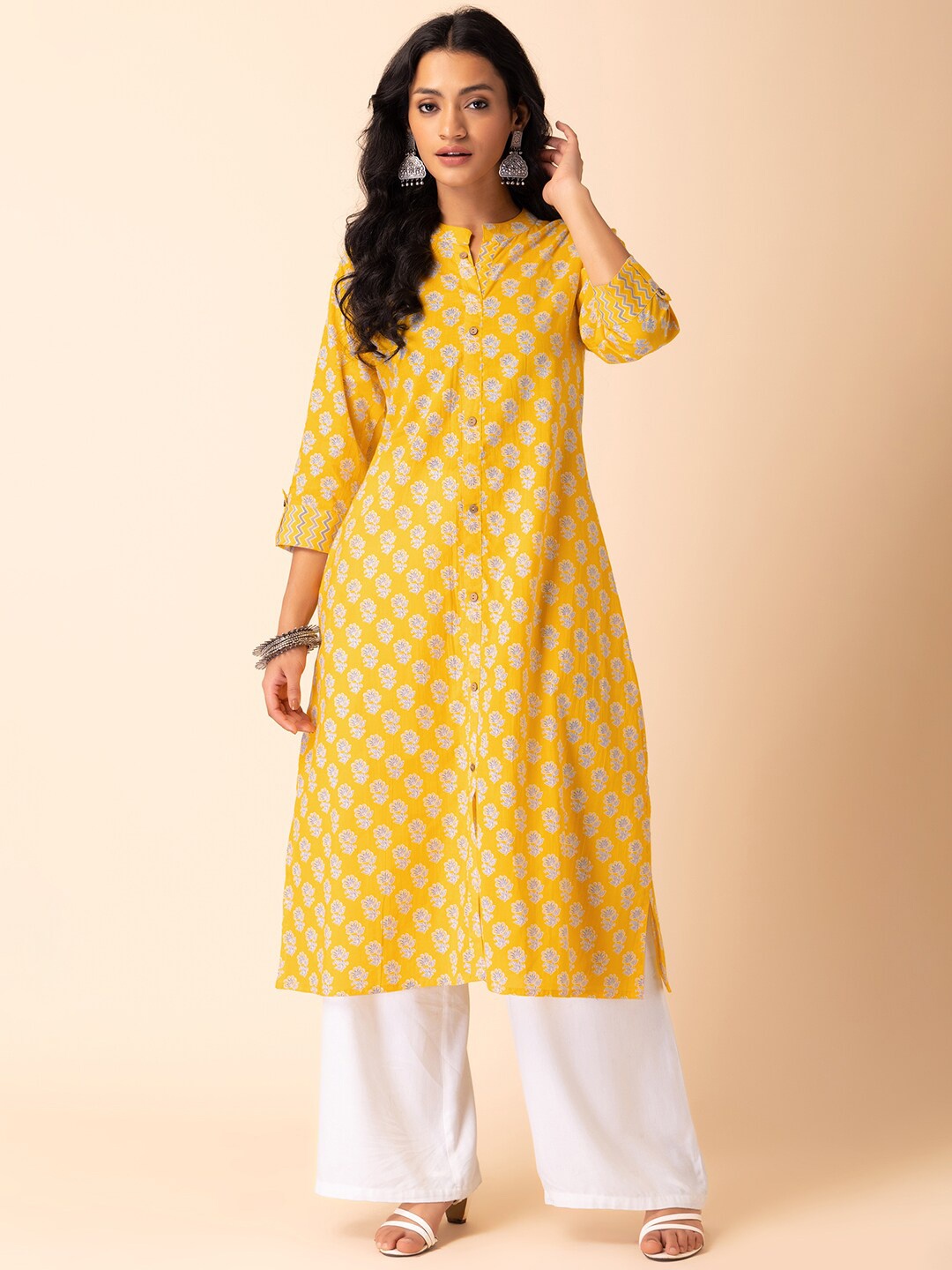 

INDYA Mandarin Collar Floral Printed Pure Cotton Kurta, Yellow